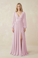 Candy Pink V-Neck Long Sleeve A-Line Chiffon Bridesmaid Dress | KISSBRIDAL