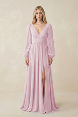 Candy Pink V-Neck Long Sleeve A-Line Chiffon Bridesmaid Dress | KISSBRIDAL