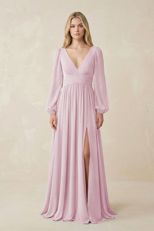 Candy Pink V-Neck Long Sleeve A-Line Chiffon Bridesmaid Dress | KISSBRIDAL