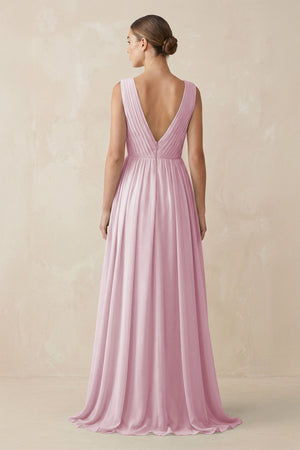 Candy Pink V-Neck Pleated A-Line Chiffon Bridesmaid Dress (2) | KISSBRIDAL