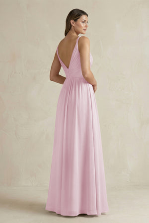 Candy Pink V-Neck Pleated A-Line Chiffon Bridesmaid Dress (2) | KISSBRIDAL