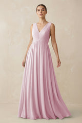 Candy Pink V-Neck Pleated A-Line Chiffon Bridesmaid Dress | KISSBRIDAL