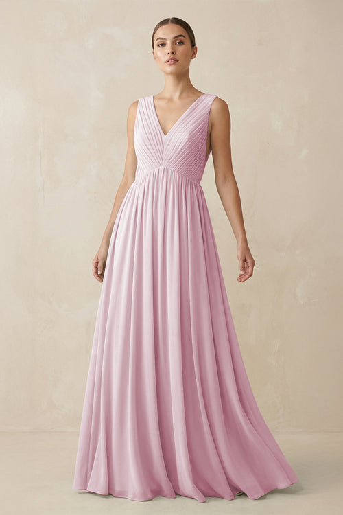 Candy Pink V-Neck Pleated A-Line Chiffon Bridesmaid Dress | KISSBRIDAL