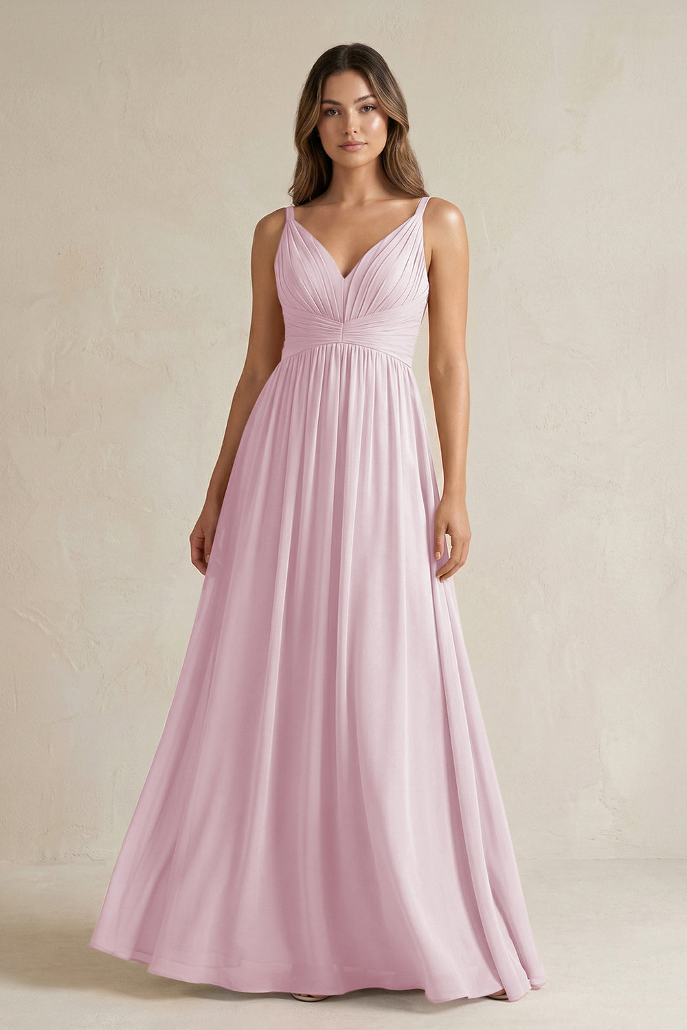 V-Neck Pleated A-Line Chiffon Bridesmaid Dress in Candy Pink