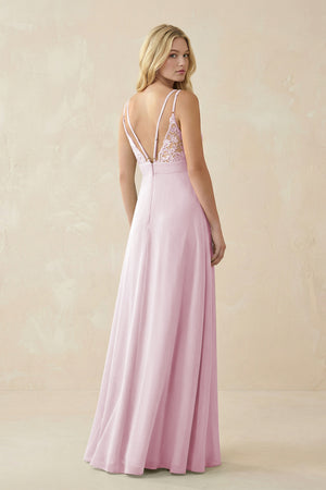Candy Pink V-Neck Ruched Chiffon Bridesmaid Dress with Slit (2) | KISSBRIDAL