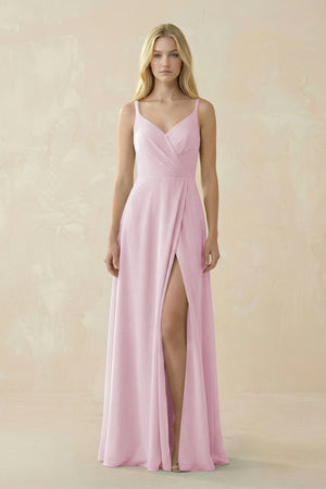 Candy Pink V-Neck Ruched Chiffon Bridesmaid Dress with Slit | KISSBRIDAL