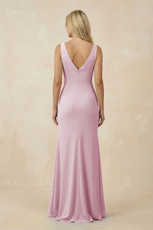 Candy Pink V-Neck Ruched Sheath Bridesmaid Dress with Slit (2) | KISSBRIDAL