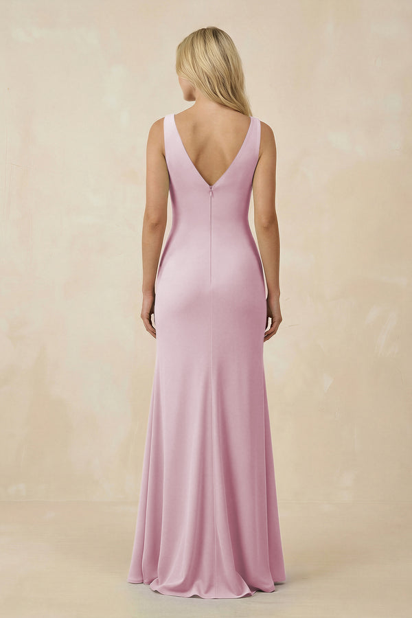 Candy Pink V-Neck Ruched Sheath Bridesmaid Dress with Slit (2) | KISSBRIDAL