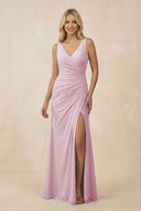 Candy Pink V-Neck Ruched Sheath Bridesmaid Dress with Slit | KISSBRIDAL