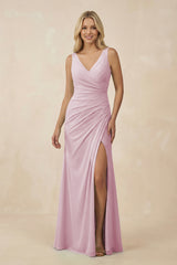 Candy Pink V-Neck Ruched Sheath Bridesmaid Dress with Slit | KISSBRIDAL