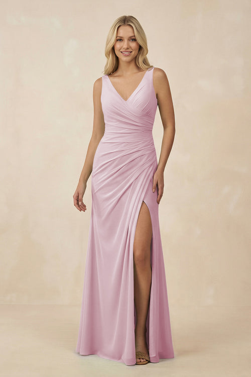 Candy Pink V-Neck Ruched Sheath Bridesmaid Dress with Slit | KISSBRIDAL