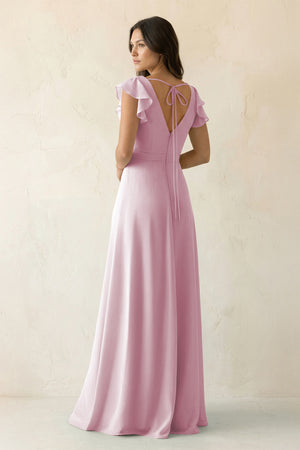 Candy Pink V-Neck Ruffled A-Line Chiffon Bridesmaid Dress (2) | KISSBRIDAL