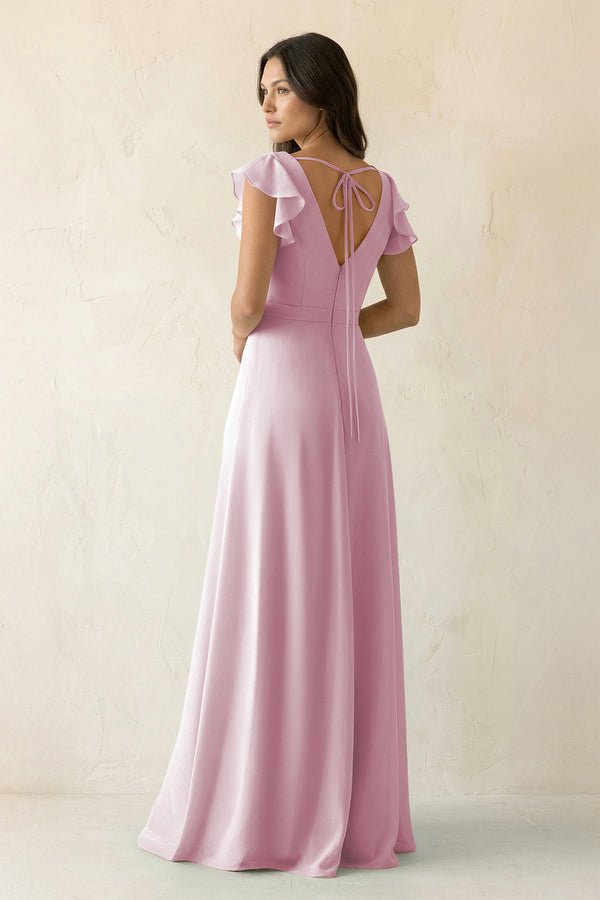 Candy Pink V-Neck Ruffled A-Line Chiffon Bridesmaid Dress (2) | KISSBRIDAL