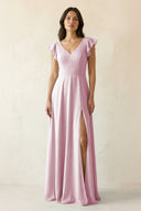 Candy Pink V-Neck Ruffled A-Line Chiffon Bridesmaid Dress | KISSBRIDAL