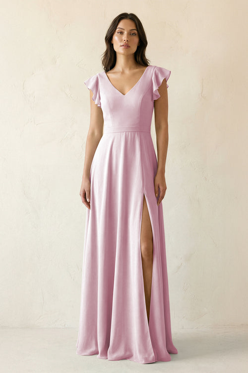 Candy Pink V-Neck Ruffled A-Line Chiffon Bridesmaid Dress | KISSBRIDAL