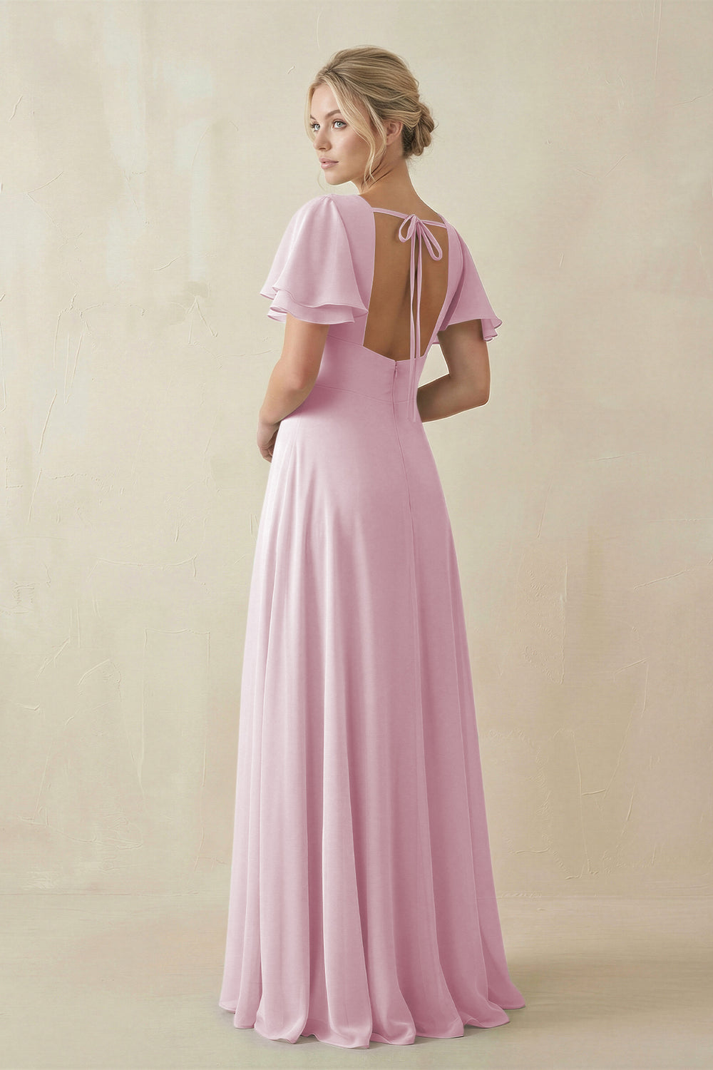 V-Neck Ruffled Short Sleeves A-Line Bridesmaid Dress in Candy Pink