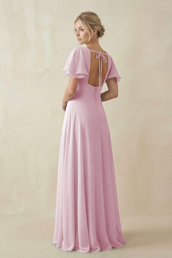 Candy Pink V-Neck Ruffled Short Sleeves A-Line Bridesmaid Dress (2) | KISSBRIDAL