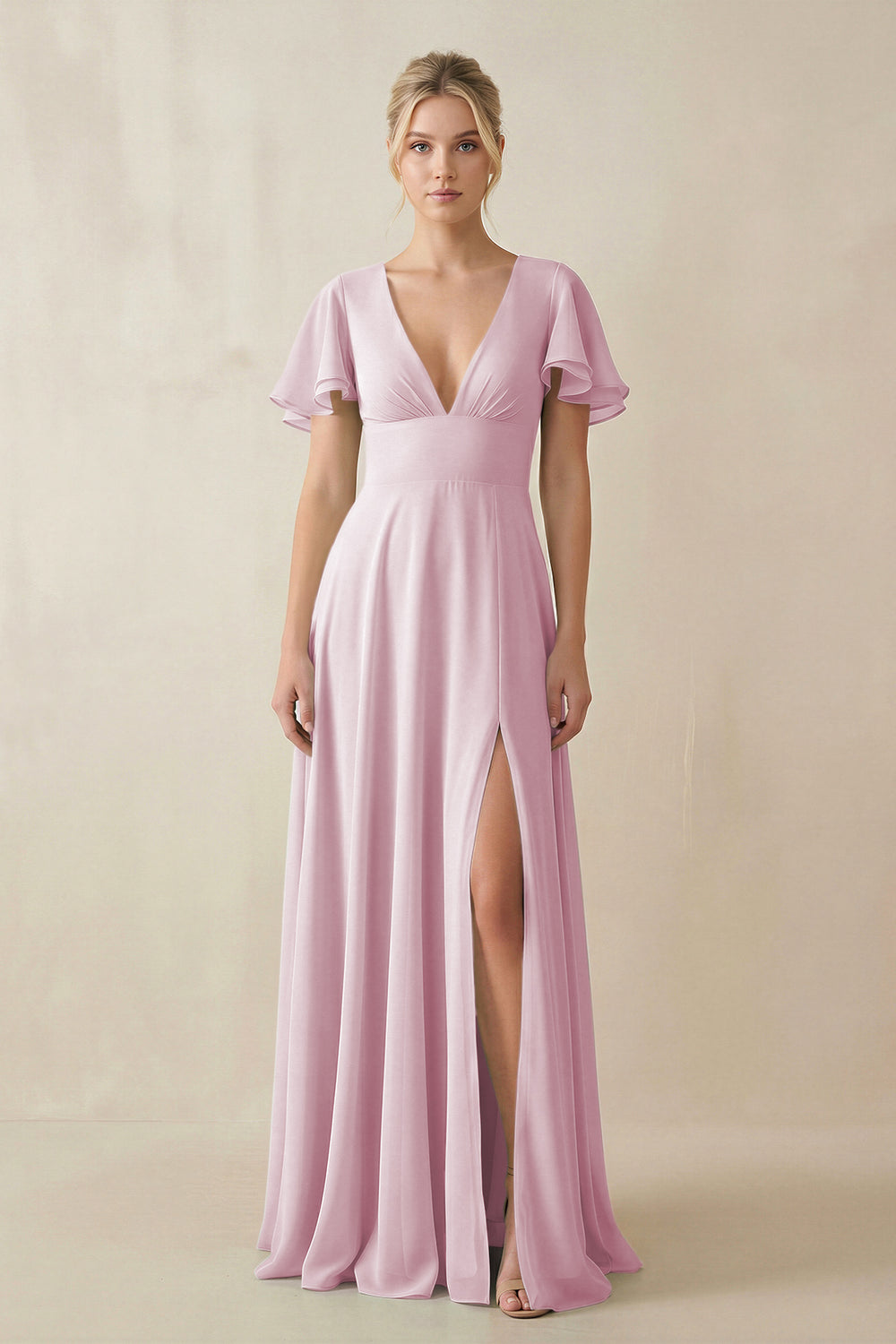 V-Neck Ruffled Short Sleeves A-Line Bridesmaid Dress in Candy Pink