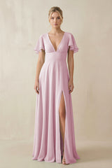 Candy Pink V-Neck Ruffled Short Sleeves A-Line Bridesmaid Dress | KISSBRIDAL