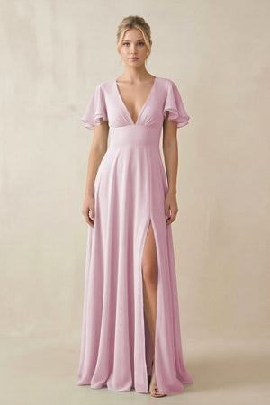 Candy Pink V-Neck Ruffled Short Sleeves A-Line Bridesmaid Dress | KISSBRIDAL