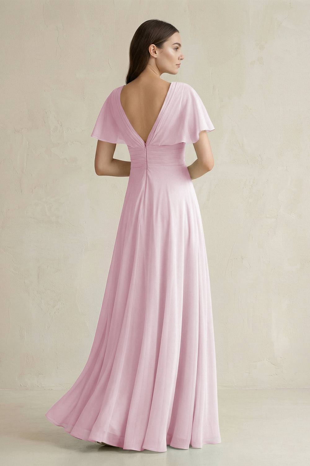 V-Neck Ruffled Sleeve A-Line Chiffon Bridesmaid Dress in Candy Pink
