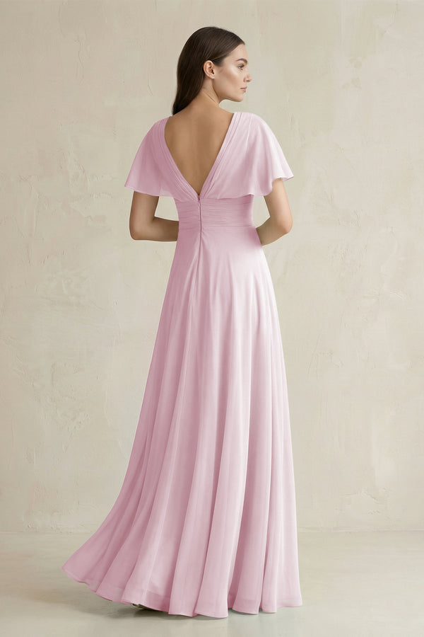 Candy Pink V-Neck Ruffled Sleeve A-Line Chiffon Bridesmaid Dress (2) | KISSBRIDAL
