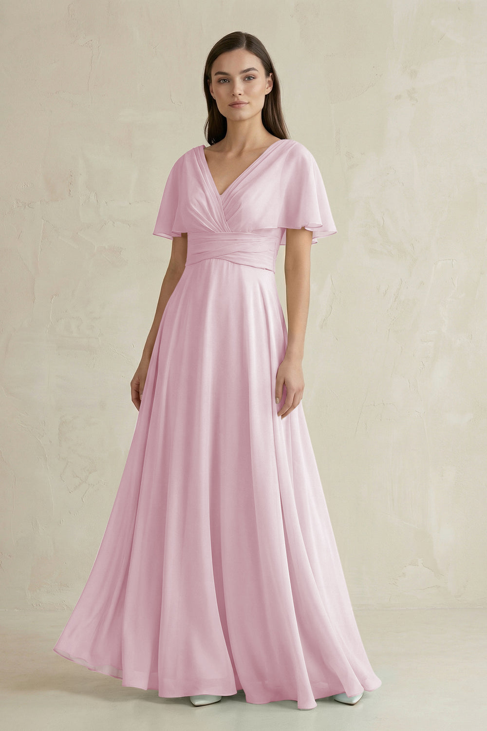 V-Neck Ruffled Sleeve A-Line Chiffon Bridesmaid Dress in Candy Pink