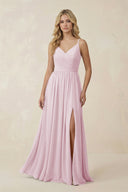Candy Pink V-Neck Spaghetti Strap A-Line Chiffon Bridesmaid Dress | KISSBRIDAL