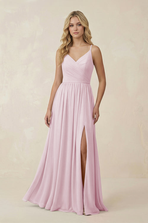 Candy Pink V-Neck Spaghetti Strap A-Line Chiffon Bridesmaid Dress | KISSBRIDAL