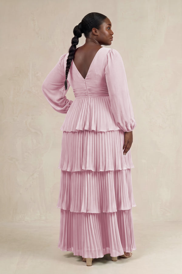 Candy Pink V-Neck Tiered A-Line Long Sleeve Bridesmaid Dress (2) [sizeplus] | KISSBRIDAL