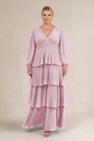Candy Pink V-Neck Tiered A-Line Long Sleeve Bridesmaid Dress (3) [sizeplus] | KISSBRIDAL