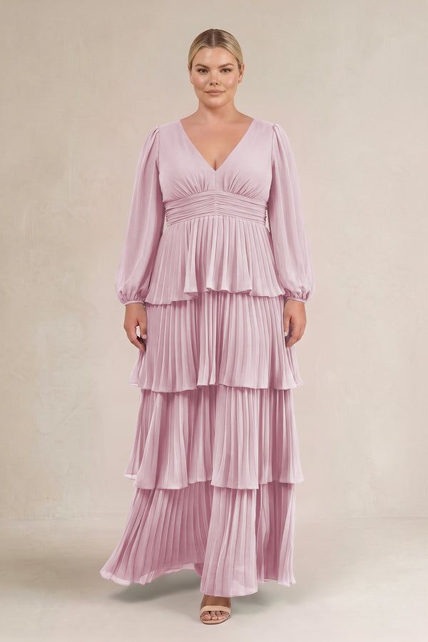 Candy Pink V-Neck Tiered A-Line Long Sleeve Bridesmaid Dress (3) [sizeplus] | KISSBRIDAL
