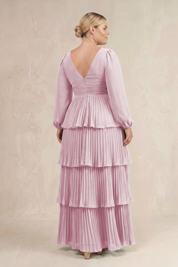 Candy Pink V-Neck Tiered A-Line Long Sleeve Bridesmaid Dress (4) [sizeplus] | KISSBRIDAL