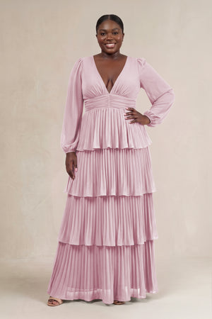 Candy Pink V-Neck Tiered A-Line Long Sleeve Bridesmaid Dress [sizeplus] | KISSBRIDAL