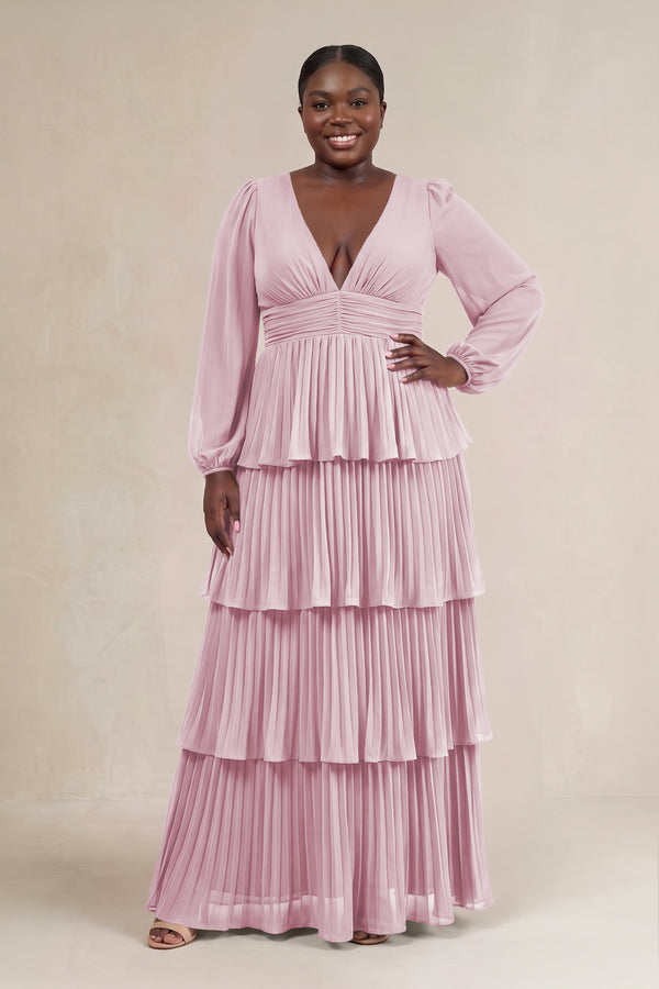 Candy Pink V-Neck Tiered A-Line Long Sleeve Bridesmaid Dress [sizeplus] | KISSBRIDAL