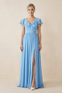 Cap Sleeve A-Line Ruffled Chiffon Bridesmaid Dress in Steel Blue - SHE IS ME BRIDESMAID DRESSES