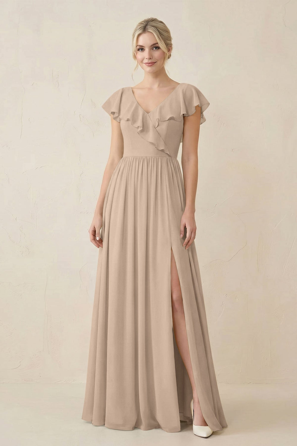 Cap Sleeve A-Line Ruffled Chiffon Bridesmaid Dress in Almond - KISS BRIDAL BRIDESMAID DRESSES