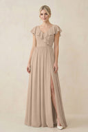 Cap Sleeve A-Line Ruffled Chiffon Bridesmaid Dress in Almond - SHE IS ME BRIDESMAID DRESSES