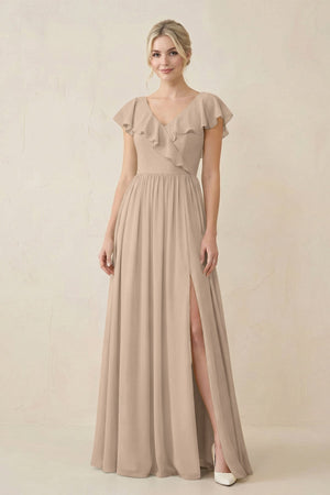 Cap Sleeve A-Line Ruffled Chiffon Bridesmaid Dress in Almond - SHE IS ME BRIDESMAID DRESSES