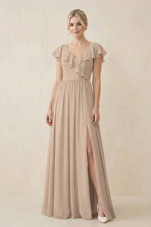 Cap Sleeve A-Line Ruffled Chiffon Bridesmaid Dress in Almond - SHE IS ME BRIDESMAID DRESSES