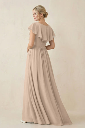 Cap Sleeve A-Line Ruffled Chiffon Bridesmaid Dress in Almond - SHE IS ME BRIDESMAID DRESSES