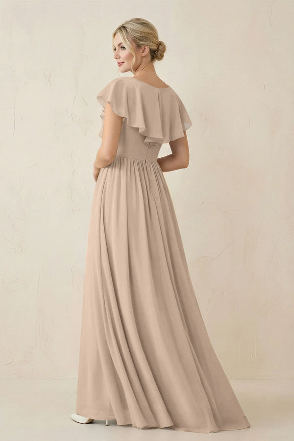 Cap Sleeve A-Line Ruffled Chiffon Bridesmaid Dress in Almond - SHE IS ME BRIDESMAID DRESSES