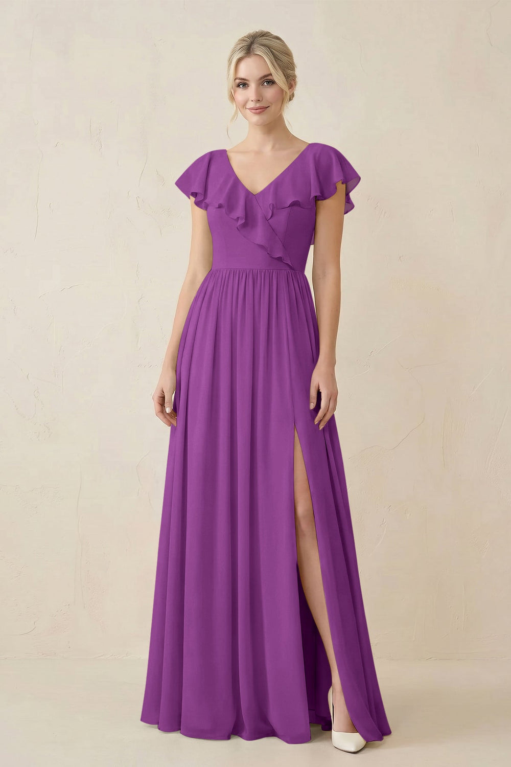 Cap Sleeve A-Line Ruffled Chiffon Bridesmaid Dress in Amethyst - KISS BRIDAL BRIDESMAID DRESSES