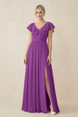 Cap Sleeve A-Line Ruffled Chiffon Bridesmaid Dress in Amethyst - KISS BRIDAL BRIDESMAID DRESSES