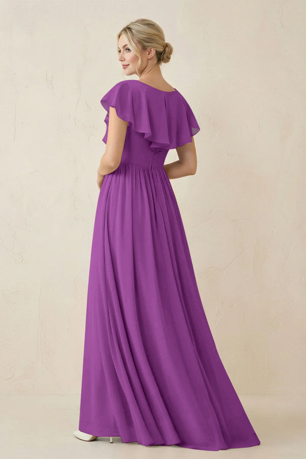 Cap Sleeve A-Line Ruffled Chiffon Bridesmaid Dress in Amethyst - SHE IS ME BRIDESMAID DRESSES