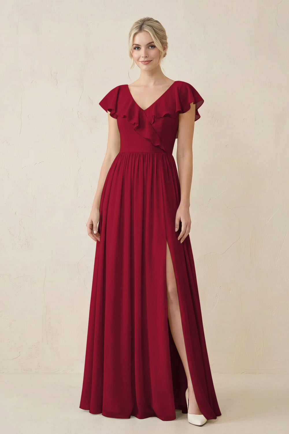 Cap Sleeve A-Line Ruffled Chiffon Bridesmaid Dress in Berry - KISS BRIDAL BRIDESMAID DRESSES