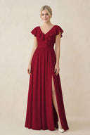 Cap Sleeve A-Line Ruffled Chiffon Bridesmaid Dress in Berry - SHE IS ME BRIDESMAID DRESSES
