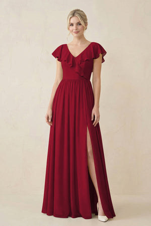 Cap Sleeve A-Line Ruffled Chiffon Bridesmaid Dress in Berry - SHE IS ME BRIDESMAID DRESSES
