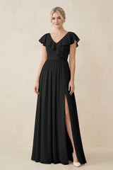 Cap Sleeve A-Line Ruffled Chiffon Bridesmaid Dress in Black - KISS BRIDAL BRIDESMAID DRESSES