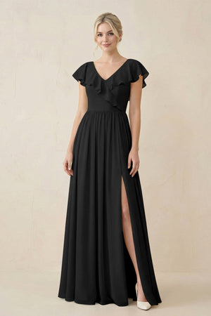 Cap Sleeve A-Line Ruffled Chiffon Bridesmaid Dress in Black - SHE IS ME BRIDESMAID DRESSES